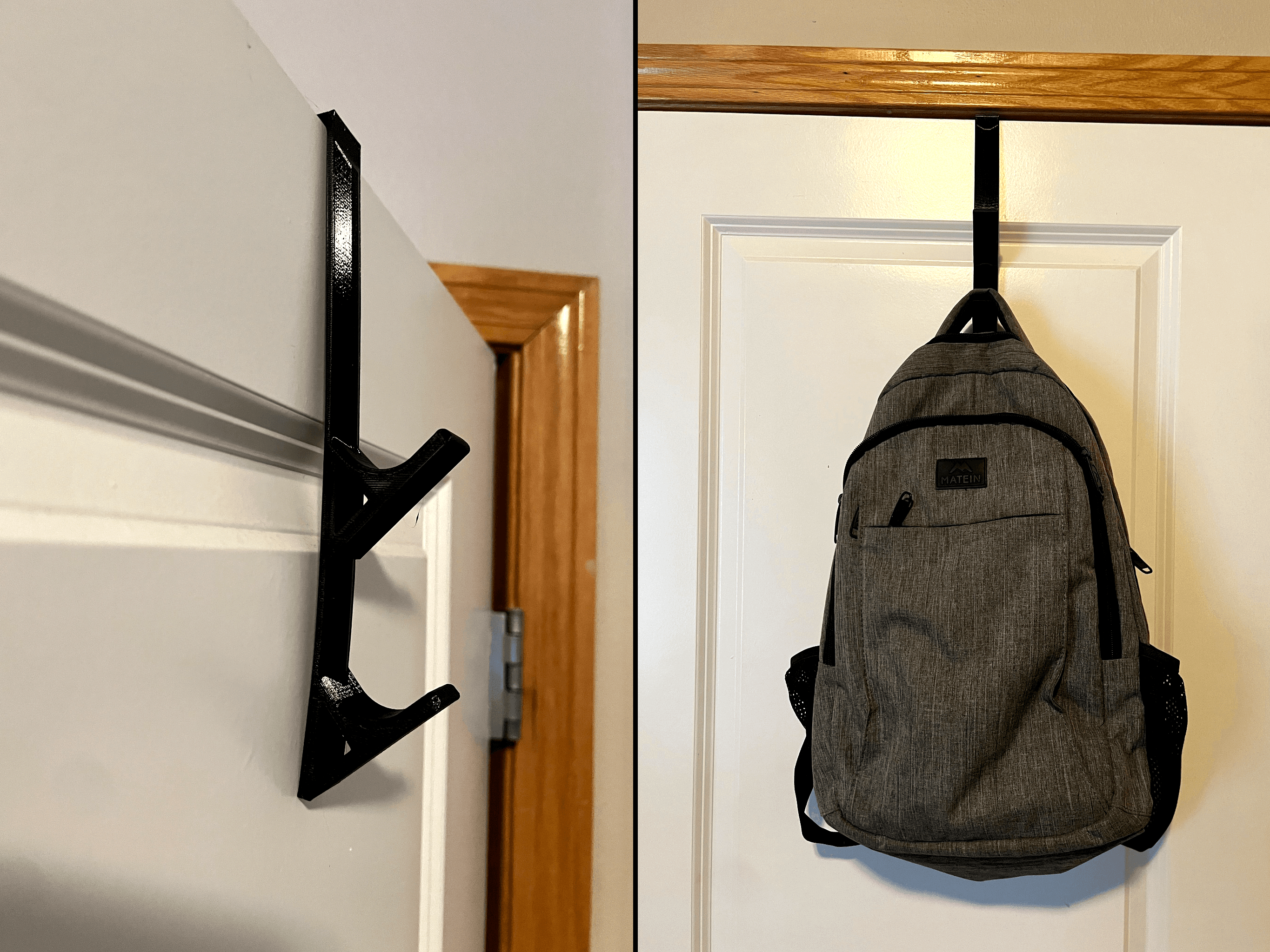 Over-the-door hook holding a backpack—many styles available for bags, towels, and more